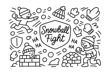 Obraz premium Playful winter scene with kids in snowball battle and fun accessories