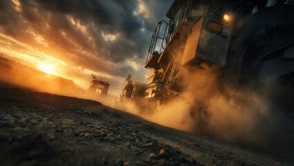 A powerful, ground-level perspective of heavy machinery, like an asphalt paver or roller, working on a new road construction site at dawn. Dust and steam rise, with a dramatic sky overhead.