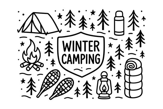 Winter camping line art with tent and gear in a forest setting