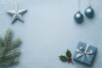 Winter arrangement with gift, ornaments, holly and frost on blue snowy background for holiday cards.