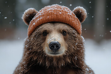 Brown bear wearing orange hat standing in snowy winter forest close up falling snow cold wildlife scene cozy seasonal atmosphere