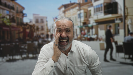 Man cupping hand to mouth on a busy street outside cafe calling out to passersby; friendly call amusement.