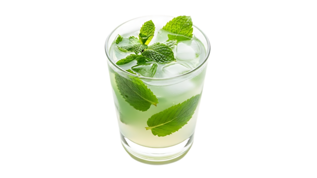 Refreshing summer drink with ice and mint leaves isolated on black