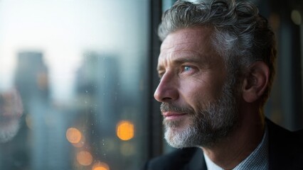 Contemplative business leader gazing out office window urban setting portrait professional environment thoughtful perspective