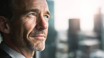 Contemplative business leader gazing out office window urban setting professional portrait reflective mood close-up view