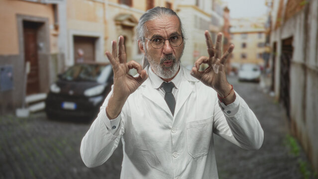 Man scientist in white lab coat making ok sign with both hands while smiling on a narrow cobbled street in a city alley; confidence expertise. - Powered by Adobe