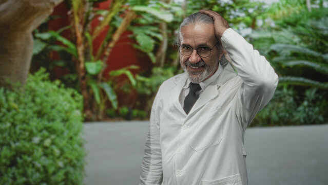 Man scientist with long gray hair and beard in white lab coat adjusts glasses while smiling in forest; serenity curiosity.
