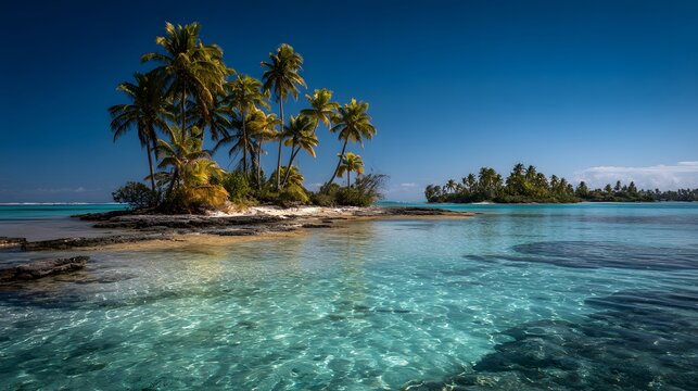 Remote tropical islet featuring lush palm trees surrounded by clear turquoise ocean water under a bright blue sky - Powered by Adobe