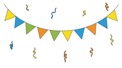 Colorful hanging party banner with festive confetti streamers.