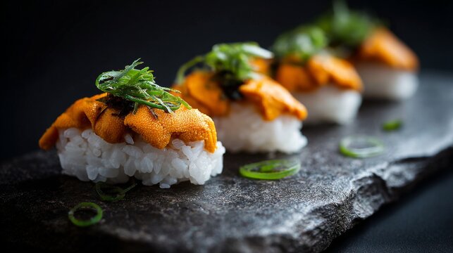 Delightful sushi plate featuring fresh sea urchin on a bed of sushi rice garnished with green onions served on a dark stone plate - Powered by Adobe