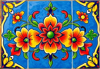 Vibrant Talavera tile showcasing intricate floral design ,  kitchen tile,   handmade tile