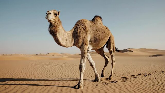 A dromedary camel walks across a vast, sunlit desert landscape with sand dunes and clear blue sky.