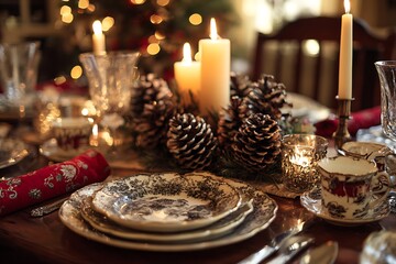 A dining table set for Christmas dinner, with a centerpiece of pine cones and candles, festive china, and silverware