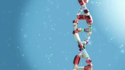 Detailed 3D animation of a colorful DNA double helix rotating on a blue background with floating genetic base letters representing medical science and biology research - Powered by Adobe