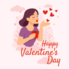 A woman holding a red cup gently blows heart-shaped kisses into the air. Soft pink clouds and floating hearts create a warm, romantic atmosphere perfect for Valentine’s Day designs