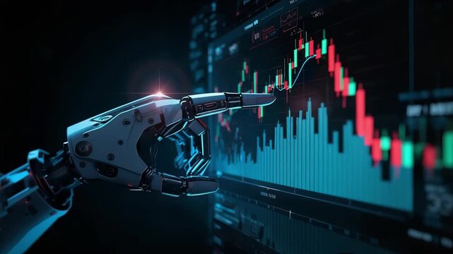Sophisticated metal robotic arm interacting with digital stock charts