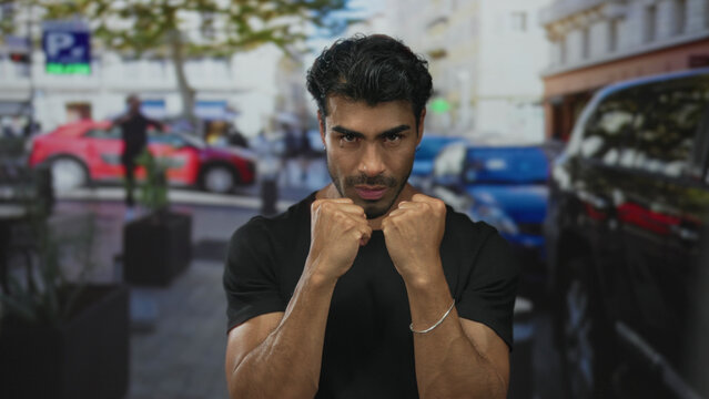 Young hispanic man with intense gaze raises clenched fists at camera on busy urban street lined with parked cars and potted plants; defiance.