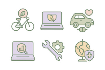 Eco-friendly lifestyle: sustainable transport and technology concepts in pastel outline