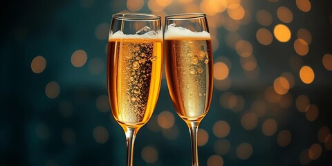 Elegant champagne flutes filled to the brim, bubbles rising,  glass,  new year