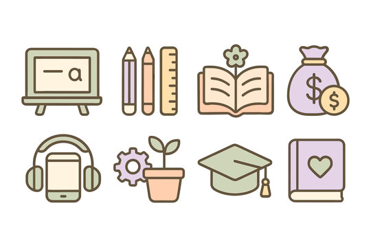 Flat icon set: education and learning essentials with pastel tones