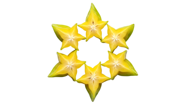 Six star fruit slices arranged in a circle on black background
