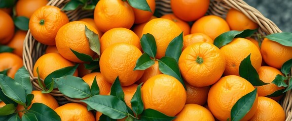 A full woven basket overflowing with ripe, juicy oranges, nutrition, fresh