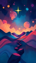 An abstract graphic representing a journey through abstract terrain with a guiding star,  guiding star,  abstract clipart