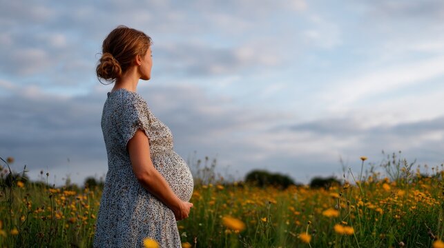 Pregnant woman standing in a field of yellow flowers during sunset. - Powered by Adobe