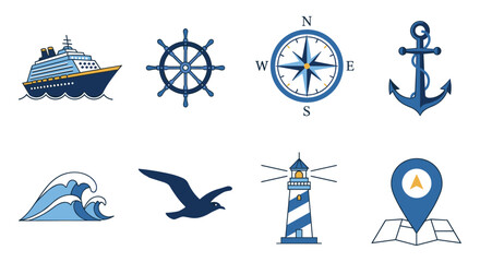 Nautical icons collection featuring ship, compass, anchor, lighthouse, and more in flat style