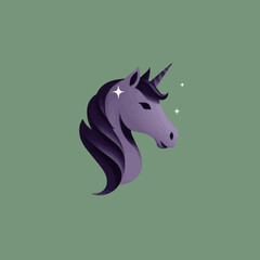Fototapeta premium Sparkling Magical Purple Unicorn Head Illustration - Mythical Fantasy Animal Vector Art on Green Background