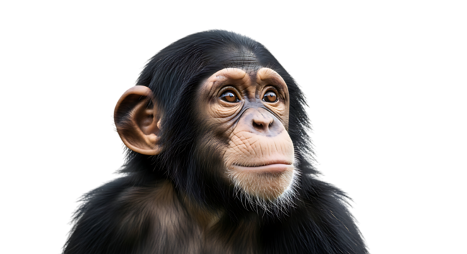 A young chimpanzee looks thoughtfully to the side against a white background.