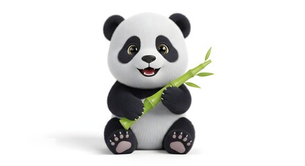 Naklejka premium A cute and happy cartoon panda cub sitting and holding a green bamboo stalk with a joyful expression on a white background.