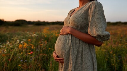 Pregnant woman standing in a field of flowers during sunset.