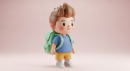 A cheerful cartoon boy with a backpack stands against a light pink background in a studio shot