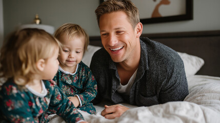 Joyful faceless father plays with baby and daughter on bed with Christmas stockings, winter cozy home, holiday diverse family love, seasonal laughter bonding , with copy space