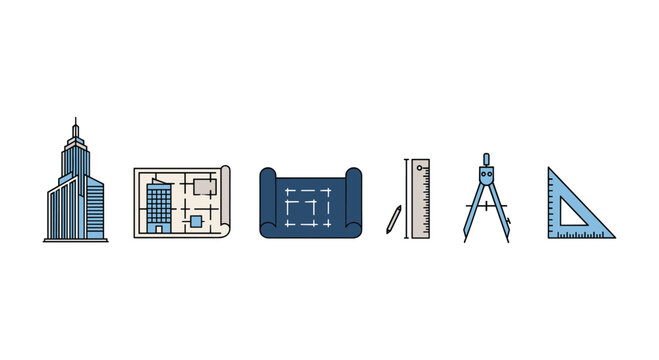 Architectural tools and blueprints with building icons in linear style