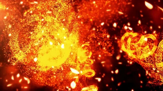Abstract golden particle spirals and falling glowing petals create a magical fiery background with vibrant energy and swirling motion suitable for festive events