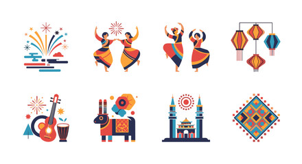 Obraz premium Festive cultural symbols with traditional dance, lanterns, and decorations
