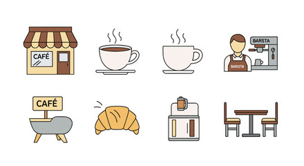 Flat coffee shop elements with barista, espresso machine, and cafe icons