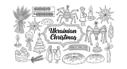 Traditional ukrainian christmas symbols and decorations in black and white line art style