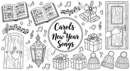 Obraz premium Festive holiday music and gifts in hand drawn doodle style