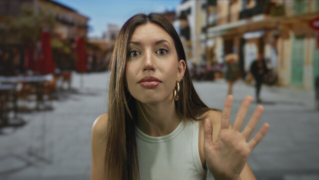 Young hispanic woman with furrowed brow raises palm to camera in urban street scene with blurred pedestrians; rejection resistance boundaries.