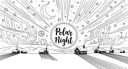 Polar night scene with snowy landscape and starry sky in black and white line art style