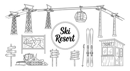 Ski resort elements with cable cars, snow groomer, and ticket booth in linear style
