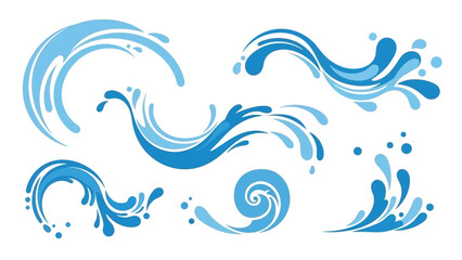Set of stylized blue water wave and splash elements on a white background.