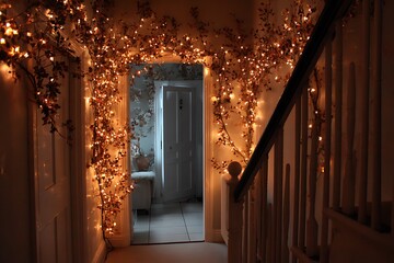 A doorway adorned with Christmas lights and hanging mistletoe, creating a warm and inviting glow in a hallway 