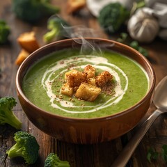 A warm bowl of creamy broccoli soup topped with crispy croutons and a swirl of cream. Steam rises gently, highlighting the fresh, comforting, and rustic presentation on a wooden table.