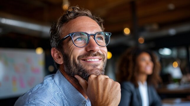 Man in glasses smiling at camera in office setting.