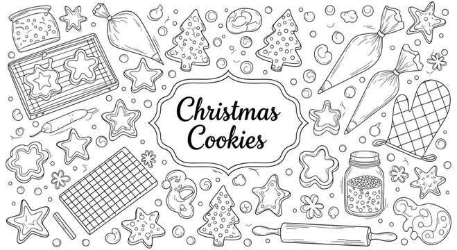 Festive christmas cookies doodle with baking tools and treats in monochrome