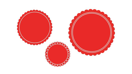 Set of three red circular badges with decorative scalloped edges.